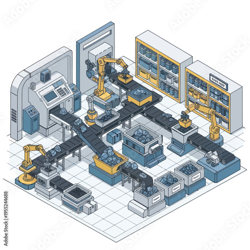 Automated Factory Assembly Line with Robotic Arms and Conveyor Belts.