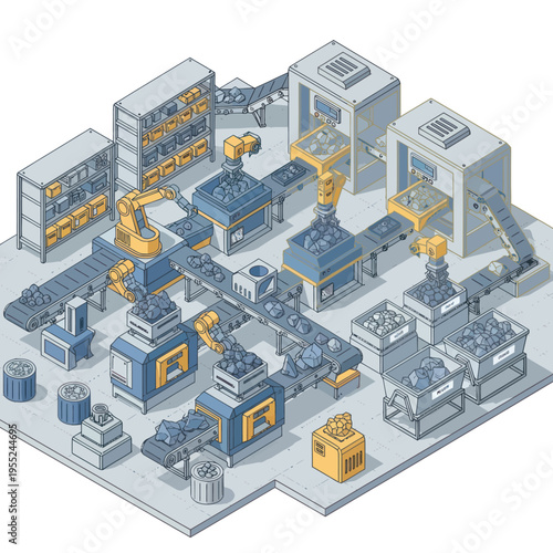 Isometric Factory Automation - Streamlining Production with Robotics and Conveyor Systems.