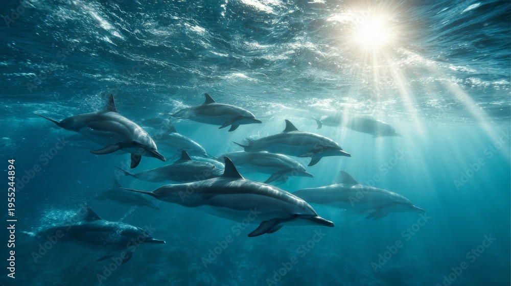 Obraz premium Underwater Scene of Dolphins Swimming Gracefully in Clear Ocean Waters with Sunlight Filtering Through the Surface