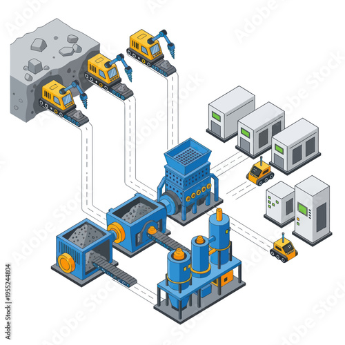 Isometric Mining Operation Illustration with Processing and Transportation.