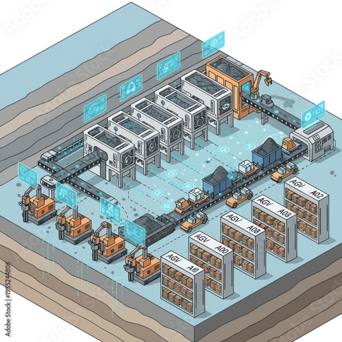 Isometric Factory Automation System - Streamlined Production and Logistics.