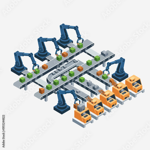 Automated Factory Assembly Line with Robotic Arms and Conveyor Belts.