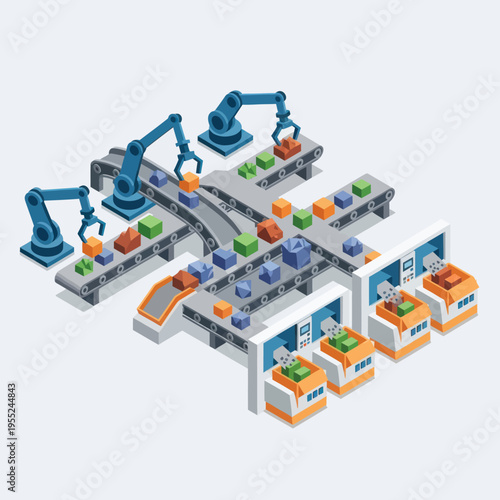 Isometric Factory Assembly Line with Robotic Arms and Conveyor Belts.