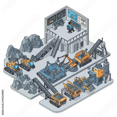 Isometric Mining Operation - A Detailed View of Extraction and Processing.