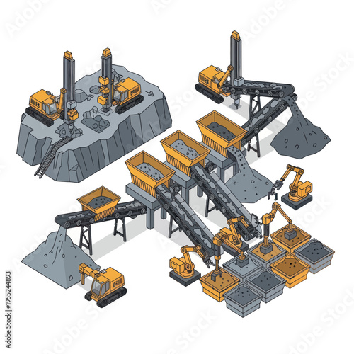 Isometric Mining Operation - Extracting Resources with Heavy Machinery.