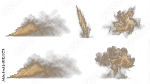 Foto Realistic photograph of a collection of dynamic sand and dust explosion effects isolated on a transparent background