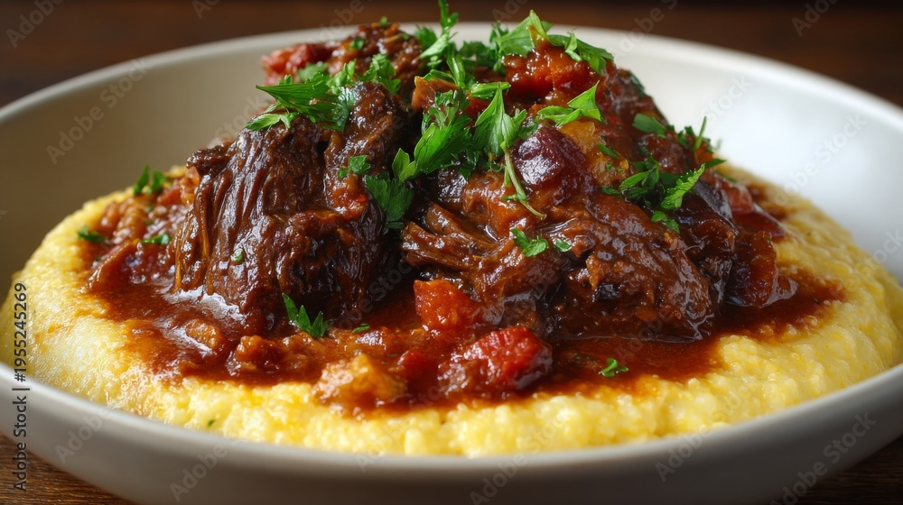 Fototapeta premium Savory Beef Stew Over Creamy Polenta with Fresh Herbs Garnish in Elegant Plate Presentation