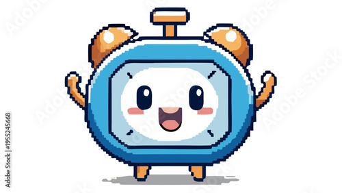 Cute Pixel Art Blue Alarm Clock Mascot Character