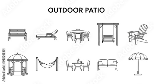 Black and white line art icons representing various outdoor patio furniture and structures