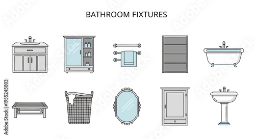Ten cartoon icons of bathroom fixtures and furniture arranged in two rows on a white background