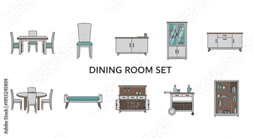 Illustration of various furniture items for a dining room set