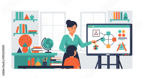 Interactive learning and teaching session with a student and a teacher using a digital whiteboard in a classroom setting