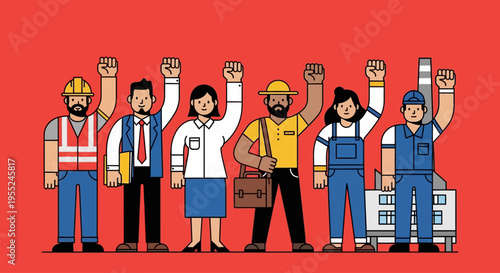 A diverse group of workers united in solidarity, raising their fists in a powerful display of protest and collective strength
