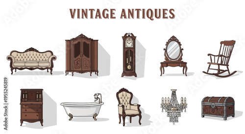 Illustration of ten different brown wooden vintage antique furniture items