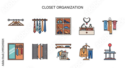 Ten icons illustrating various aspects of closet organization and storage
