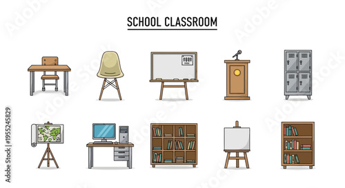 Ten illustrations of school classroom objects arranged in two rows