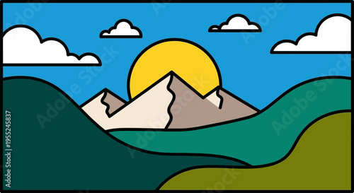 Beautiful minimalist mountain landscape with sun and clouds under a blue sky, stylized illustration
