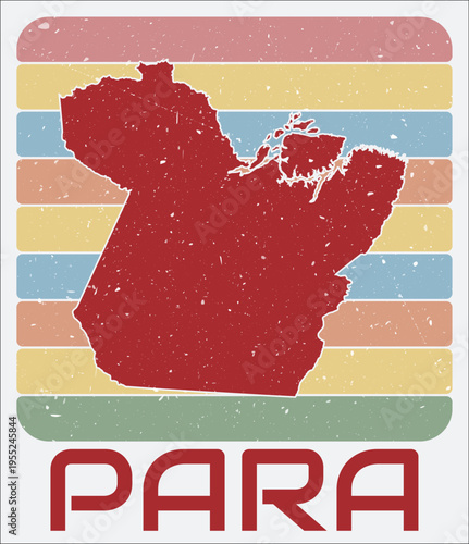 Para, Brazil vintage logo. Shape of the state on retro colored stripes background. Para, Brazil map design with grunge scratch texture. Vector illustration.