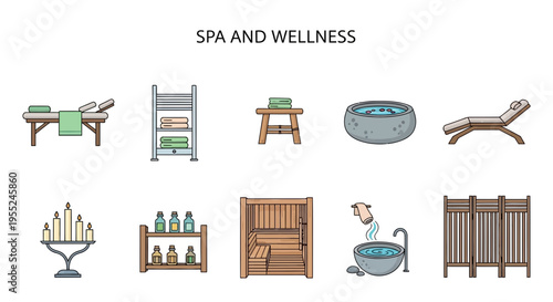 Collection of ten flatstyle icons related to spa and wellness facilities