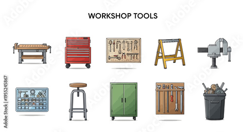 Workshop tools illustrated with a workbench toolbox pegboard sawhorse vise storage stool cabinet and trash can