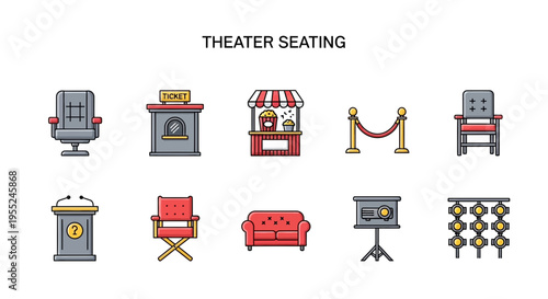 A collection of ten flatstyle icons related to theater seating and production