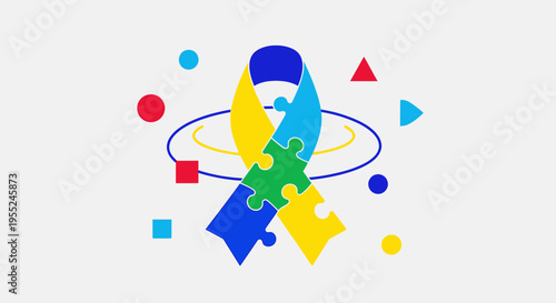 Autism awareness ribbon made of puzzle pieces, symbolizing neurodiversity and support for the autism community with abstract shapes