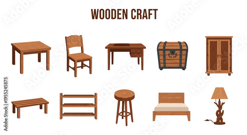 Collection of various wooden furniture and a lamp on a white background