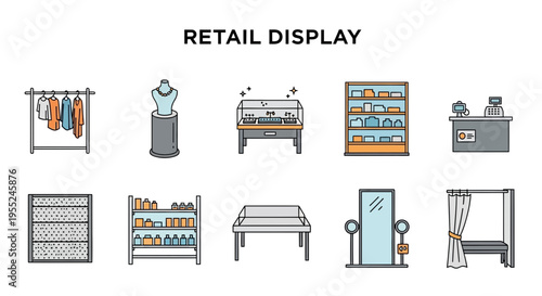 A collection of ten line art icons depicting various retail display fixtures and equipment