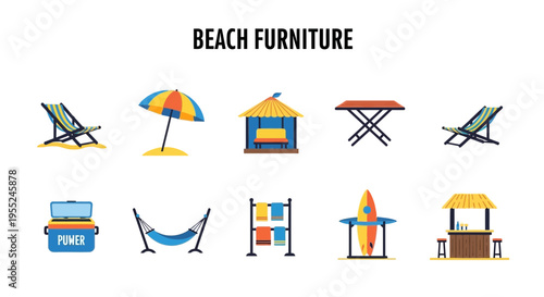 Collection of ten colorful flatdesign beach furniture icons arranged in two rows