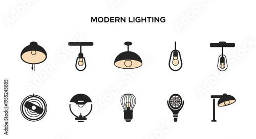 Collection of ten modern black and beige lighting fixture icons