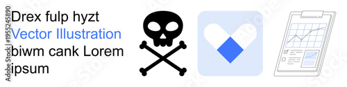 Warning signs, healthcare, data analysis, toxicology, health monitoring, medical records. A skull and crossbones, a heart icon and a clipboard chart. Warning signs and healthcare concept