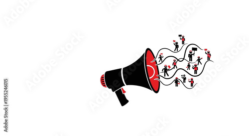 A black and red megaphone unleashing a swarm of tiny people, symbolizing mass communication, protests, and the spread of ideas