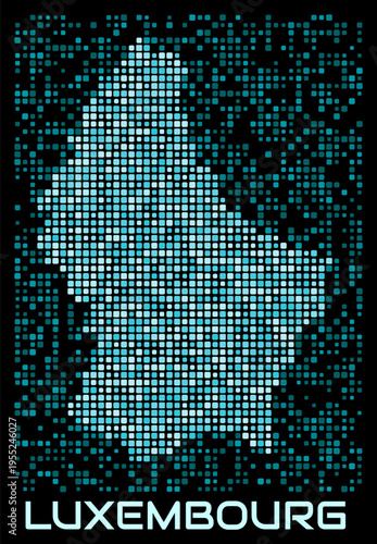 Luxembourg digital dotted map. Shape of the country in cyan color palette on dark background. Futuristic Luxembourg map design. Vector illustration.