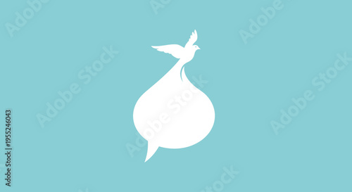 Symbolic representation of a dove carrying a speech bubble, embodying concepts of peace and communication, set against a light blue background