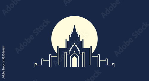 Serene temple silhouette against a luminous full moon, symbolizing peace and spiritual enlightenment, an architectural marvel
