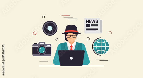 Investigative Journalist at Work with Laptop, Camera, and News Symbols, Representing Media and Information Gathering