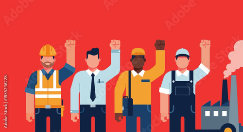 Illustration of diverse group of workers raising their fists in solidarity against red background with factory in distance
