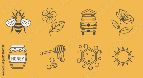 Vector illustration of a bee, beehive, honey jar, flower, and honeycomb on a yellow background, representing nature and beekeeping