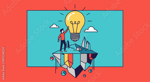 Creative idea generation and innovation concept with a person reaching for a glowing lightbulb on a floating island, symbolizing new concepts and inspiration
