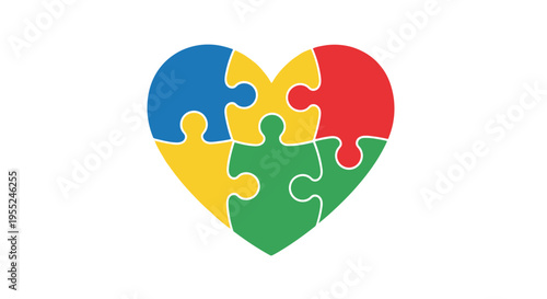 Heart shaped puzzle pieces symbolizing love, unity, and togetherness in a vibrant, multi-colored design