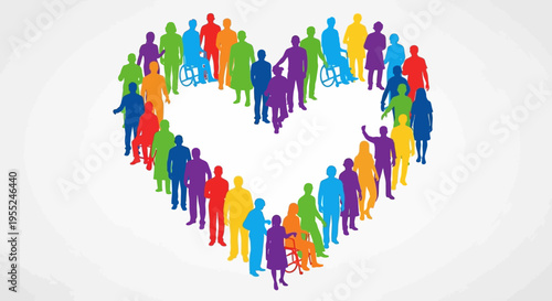 Diverse group of people forming a heart shape symbolizing community, love, and unity, representing inclusion and togetherness
