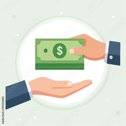 A hand offering a dollar bill to another hand in a business transaction.