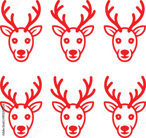 set of six red reindeer heads flat design vector illustration