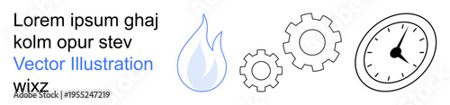Time management, energy efficiency, industrial processes, workflow optimization, task scheduling, process control. Icon set includes clock, flame and gears. Time management and energy efficiency