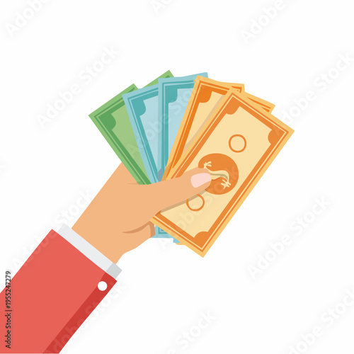 A hand holding multiple banknotes and coins in various colors closely.
