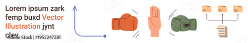Conflict resolution, workflow efficiency, communication strategies, teamwork, project management, negotiation. Boxing gloves, hand gesture arrows and folder icons. Conflict resolution and workflow