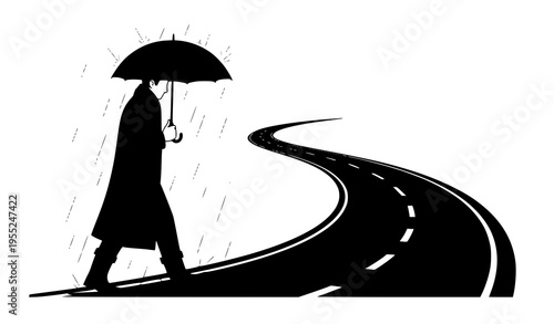 Man walking with umbrella on winding road in rainy night flat vector illustration isolated on white