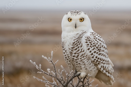 Snowy owl perched on a branch in a cold landscape during winter