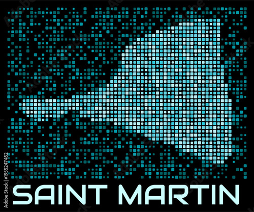 Saint Martin digital dotted map. Shape of the country in cyan color palette on dark background. Futuristic Saint Martin map design. Vector illustration.
