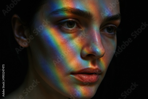 Light forms colorful patterns on a face in a dark setting during an art-focused photography session in a studio